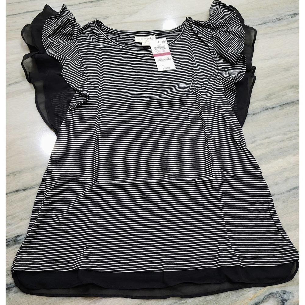 Maison Jules Black White Stripe Ruffle Sleeve Top Extra Small - Picture 2 of 9